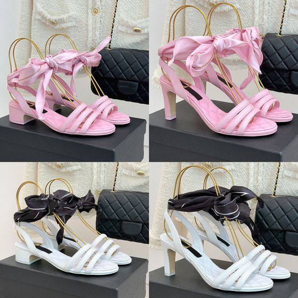 Designer Sandals Wrap Up Heels Bow Slingback Leather Mules Open Square Toe Low Heel Dress Shoes 1002